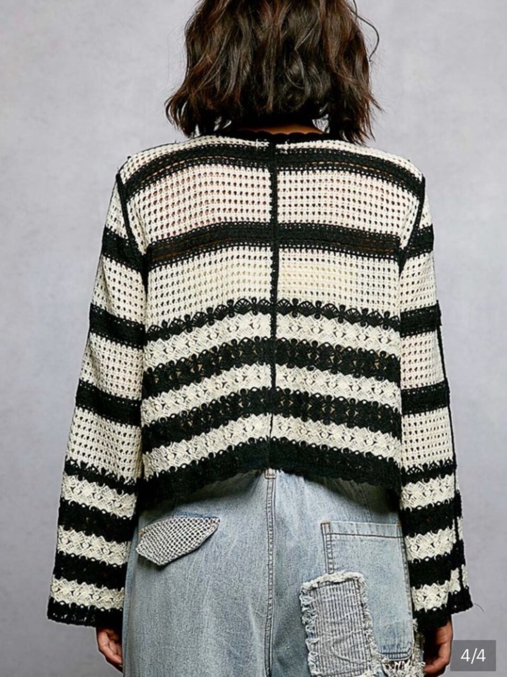 Crochet Striped cardigan with Floral Detail - Black & Cream - Picture 4 of 4